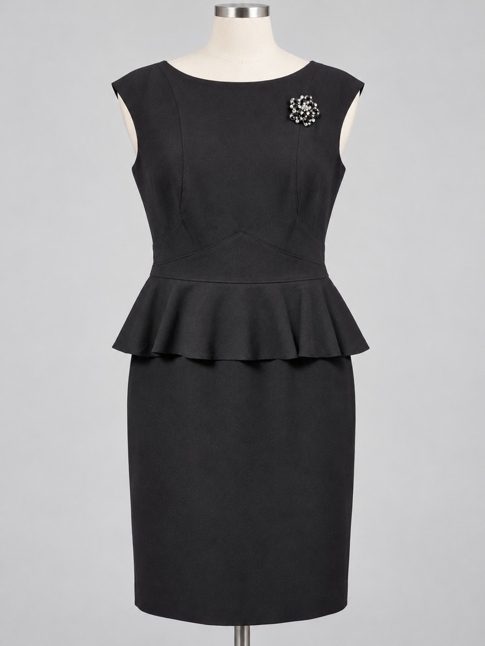 Allen B. by Allen Schwartz Black Peplum Midi Dress with Brooch Classic Evening